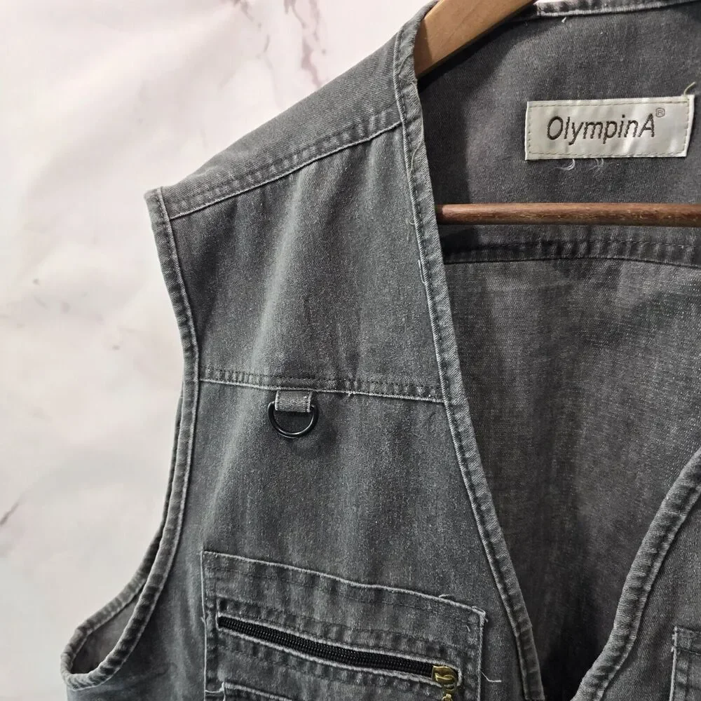 OlimpinA Vest Men 2XL 3XL Gray Fishing Vintage Full Zip Canvas Utility Tactical